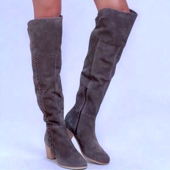 Matisse Muse Over the Knee Tall Boots Sz 8.5 Gray Brown Suede Leather Block Heel - Picture 1 of 7